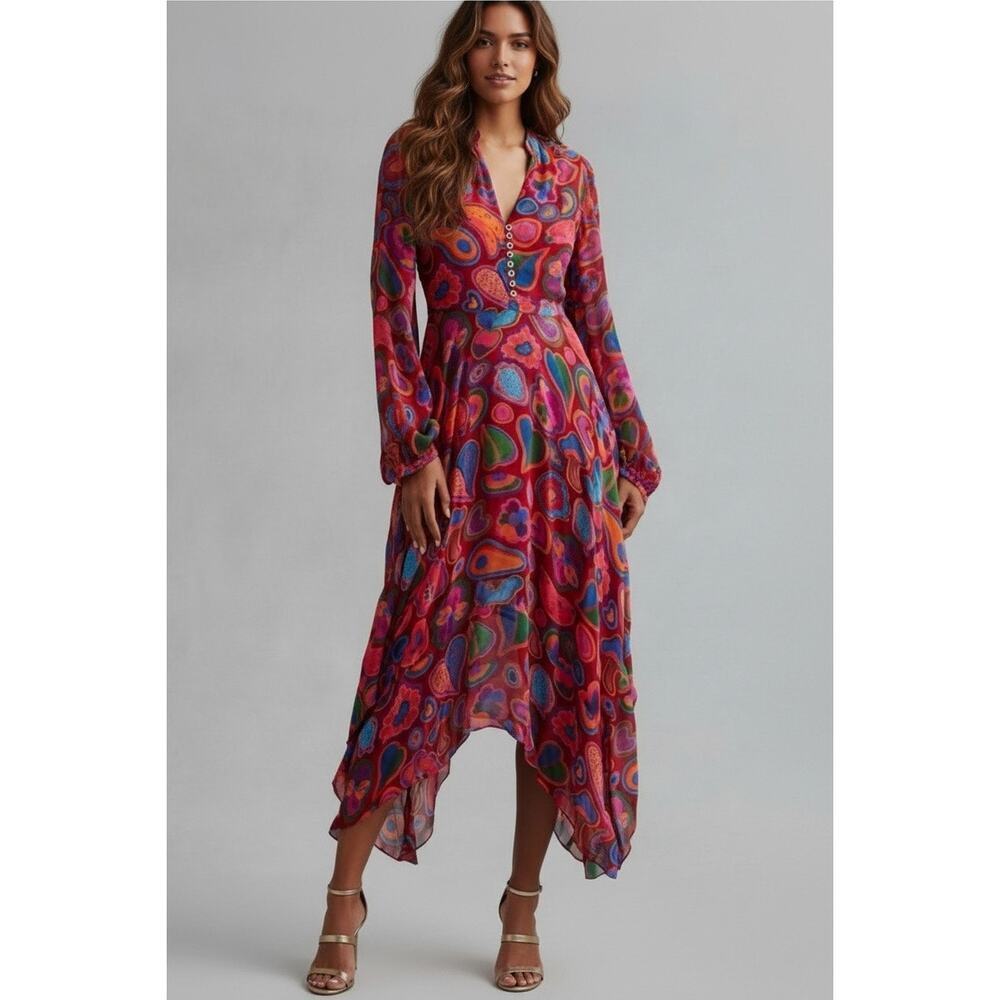 Farm Rio Lisa Sheer Midi Dress Long Sleeve Multicolor Women’s Size L NWT